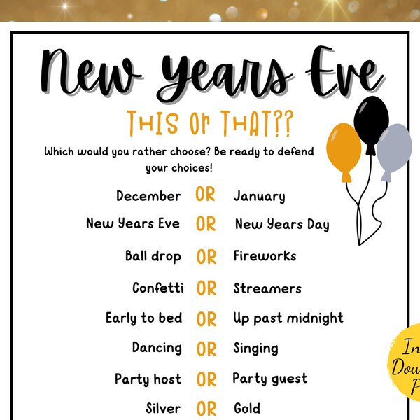 New Years Eve This or That Game - NYE Would You Rather - New Years Eve Party Game - Printable New Years Activity - NYE Game - Kids & Adults