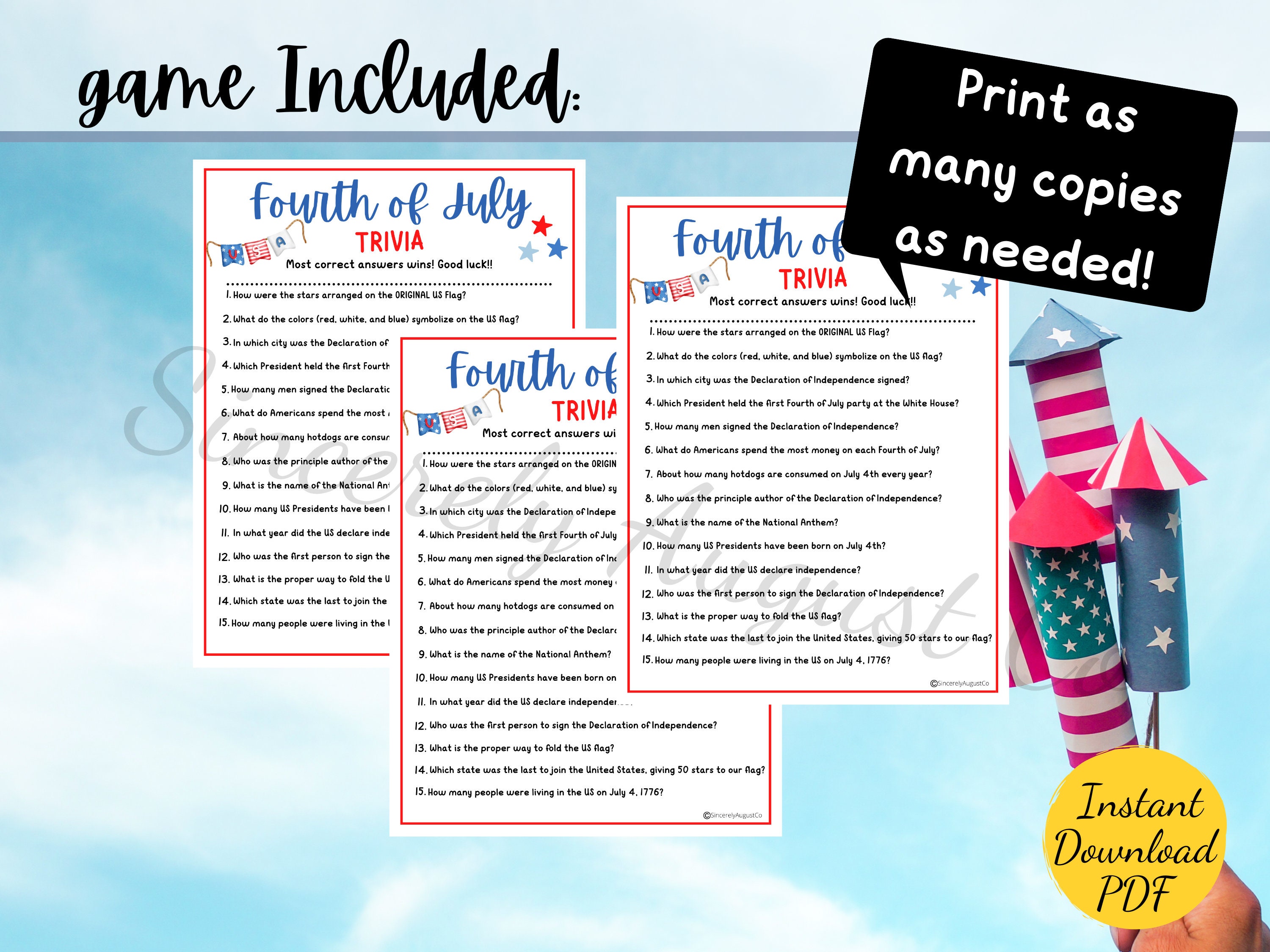 Fourth of July TRIVIA Game: Printable Independence Day Activity (PDF ...