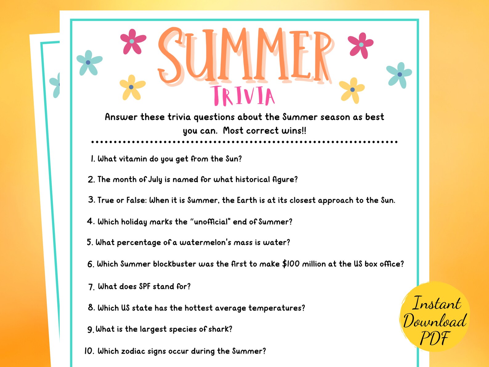 Summer TRIVIA Game Printable Summer Season Party Game Summer Trivia Fun