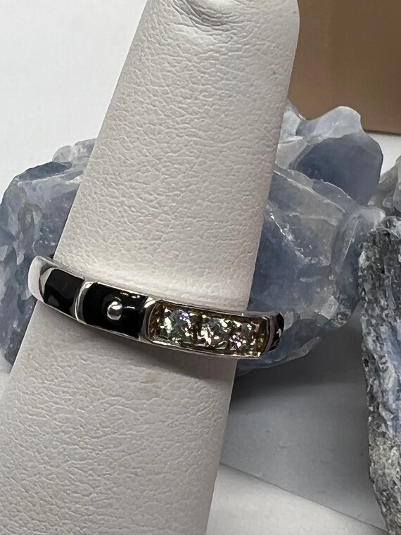 Vintage 925 Band, Black Inlay and Clear Gemstone,… - image 10