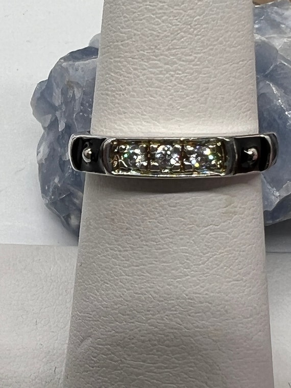 Vintage 925 Band, Black Inlay and Clear Gemstone,… - image 1