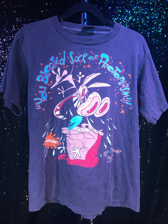時間指定不可 キャラクター Tシャツ 青色 ブルー メンズ Licensed Character Ren Stimpy Retro Palm Trees Tee Blue 激安ブランド Titanicgroup Com