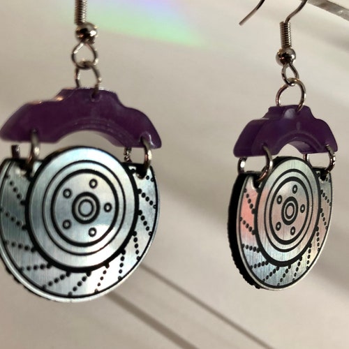 Laser Cut Acrylic Purple Brake Rotor Caliper Earrings, Statement Metallic Earring, Car Jewelry, Mechanic Accessories, Car Girl Accessories