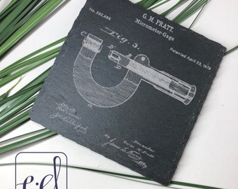 Pratt Micrometer Patent Coasters Set of 4, Laser Engraved Slate, Gift for Machinist, Patent Art, Bar Coaster Set, Drinking Coasters