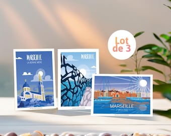 Set of 3 Marseille postcards – Old Port, Notre-Dame de la Garde, illustration of the South of France – Marseille souvenir – Provence gift idea
