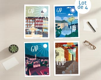 Set of 4 Gap postcards – Complete collection – Hautes-Alpes postcards – Souvenir of Gap, France – Set of postcards