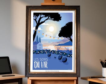 Summer Evening Poster in the Var – Pétanque & Provençal Lifestyle – Illustration French Riviera
