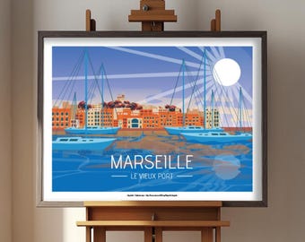 Marseille Old Port Poster – Marseille France Poster – Seaside Illustration – Provence Wall Decoration