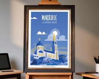 Marseille poster featuring Notre-Dame de la Garde – Illustration of Provence