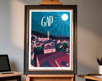 Poster illustration of the city of Gap, capital of the Hautes-Alpes, printed on quality paper