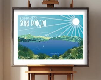 Vintage poster of Lake Serre-Ponçon – Hautes-Alpes poster – Serre-Ponçon Dam – Mountain decoration – Travel poster France