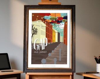 Vintage poster of Gap, Rue Carnot – Hautes-Alpes poster – Mountain wall decoration – Souvenir of Gap, France – Gift from the Alps
