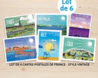 Set of 6 postcards of France – Marseille, Nice, Paris, Aix, Céüse, Serre-Ponçon – travel illustrations – gift idea