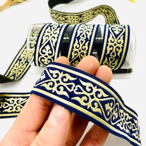 10 ans/30 mm bordure jacquard médiévale bleu marine (1,18 pouces) ruban vintage, ruban jacquard, rayures jacquard, motif celtique, bordure pour déguisement, collier pour chien