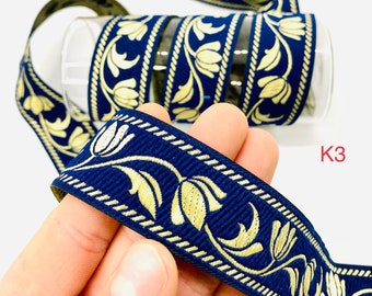 10Yards/30mm Navy Blue Floral Jacquard Trim(1.18 in)Jacquard Ribbon,Vintage Ribbon,Costume Ribbon,Rose Trim,Dog Collar,Camera Strap