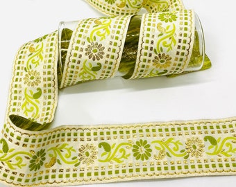 Green Floral Jacquard Ribbon: Vintage Style Collar Trim, 10 Yards