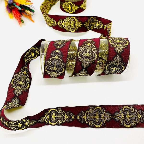 10 Yards/30 mm Claret Red/Gold Renaissance Jacquard Ribbon(1.18 inch)Jacquard Trim,Celtic Trim,Medieval Trim,Costume Ribbon,Dog Collor