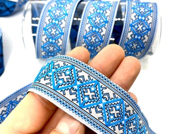 10Yards/30 mm Blue/White Embroidered Jacquard Ribbon(1.18 inch)Jacquard Trim,Geometric trim,Vintage Trim,Costume Trim,Sewing Trim,Dog Collar