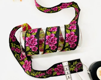 30 mm Pink /Black Floral Jacquard trim(1.18 inch)Jacquard Ribbon,Vintage Ribbon,Decorative Craft Ribbon,Floral Jacquard Ribbon,Dog Collar