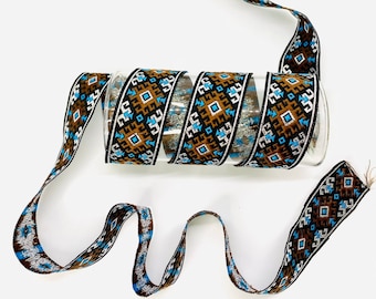 May include: A roll of brown, blue, and silver patterned ribbon with a geometric design. The ribbon is wrapped around a clear spool.