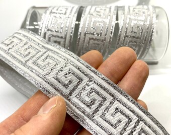 10Yrd/30 mm Greek Key Silver Jacquard Ribbon(1.18inch)Boho Trim For Sewing,Handmade Sew-On Decorative Trim-Edge Decoration For Clothing