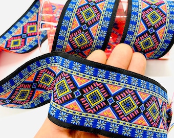 10 Yrd/50 mm Pink/Yellow Geometric Jacquard Trim(1.96 inch)Jacqaurd Trim,Boho Folk Trim For Costumes,Medieval or DIY Sewing Projects