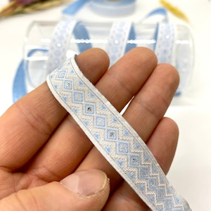 10 Yards / 15 mm Weiß / Blau Dreieck Motiv Jacquard Band (0,59 Zoll) Jacquard Borte,Dreieck Band,Dekorative Borte,Mode Borte,Hundehalsband