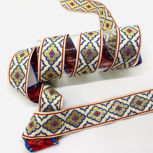 Blue & White Jacquard Ribbon: 30mm Vintage Costume Trim, 10 Yards