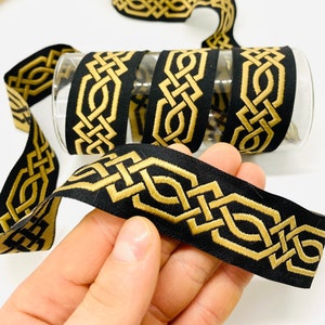 Black and Gold Geometric Jacquard Ribbon: Celtic Woven Trim, 1.18&quot; Wide, 10 Yards