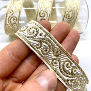 22 mm Ivory/Gold Celtic Embroidered Jacquard Trim(0.86 inch)Jacquard Ribbon,Medieval Trim,Drapery Trim,Vintage Ribbon,Dog Collar,Celtic Trim