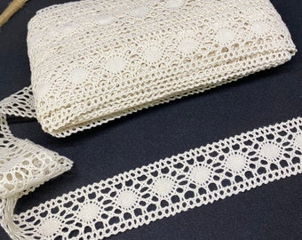 Ivory Cotton Braid Lace Trim: 1.57" Geometric Wave Pattern
