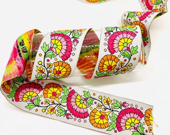 10Yards/50 mm Fuchsia&Orange Jacquard Ribbon(1.96 inch)Vintage Ribbon,Jacquard Trim,Drapery Trim,Costume Ribbon,Floral Trim,Collor Supply