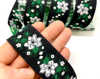 10 Yrd/30 mm Black&White Floral Jacquard Ribbon(1.18 inc)White Poinsettia Floral Jacquard Ribbon,Folk Border Trim,Sewing and  Craft Projects