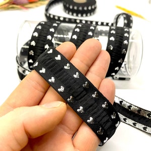 10 Yards/22 mm Black/Silver Heart Jacquard Ribbon(0.86 inch)Vintage Trim,Jacquard Trim,Heart Trim,Costume Trim,Drapery Trim,Dog Collar