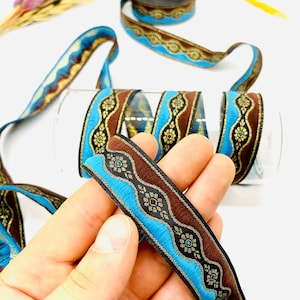 22 mm azul celta floral jacquard ribete (0,86 pulgadas) cinta vintage, cinta jacquard, ribete de cortinas, ribete de rosa, suministro de artesanía, ribete de costura, collar de perro