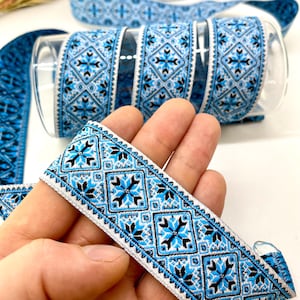 10Yrds/30mm Blue Geometric Ethnic Jacquard Ribbon,Anatolian Boho Trim,Boho Folk Trim For Costumes,Medieval or DIY Sewing Projects,Dog Collar