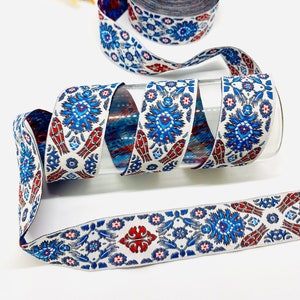 10 Yards / 30 mm Blau-Rote Tulpen Motiv Jacquard Bänder (1,18 Zoll) Jacquard Trim, Vintage Band, Nähen Trim, Kostüm Trim, Hundehalsband, Kameragurt