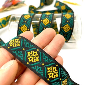 22 mm Green/Yellow Jacquard Trim(0.86 inch)Jacquard Ribbon,Celtic Ribbon,Vinatge Ribbon,Sewing trim,Dog collar,Costume Ribbon,Drapery Trim