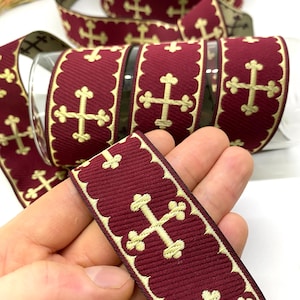 30mm Crosses Gold Jacquard Ribbon(1.18 inch)Jacquard Trim,Vintage Trim,Metallic Crosses,Drapery Trim,Vesment Ribbon,Costume Trim,Sewing Trim
