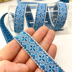 Blue Geometric Jacquard Ribbon: 20mm Ethnic Boho Trim, 10 Yards