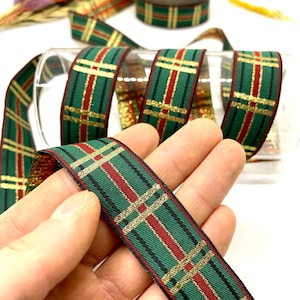 10ヤード/22 mm グリーン/ゴールド クリスマス ジャカード トリム (0.86 インチ) ジャカード リボン、クリスマス デコレーション、ヴィンテージ リボン、クリスマス トリム、新年リボン