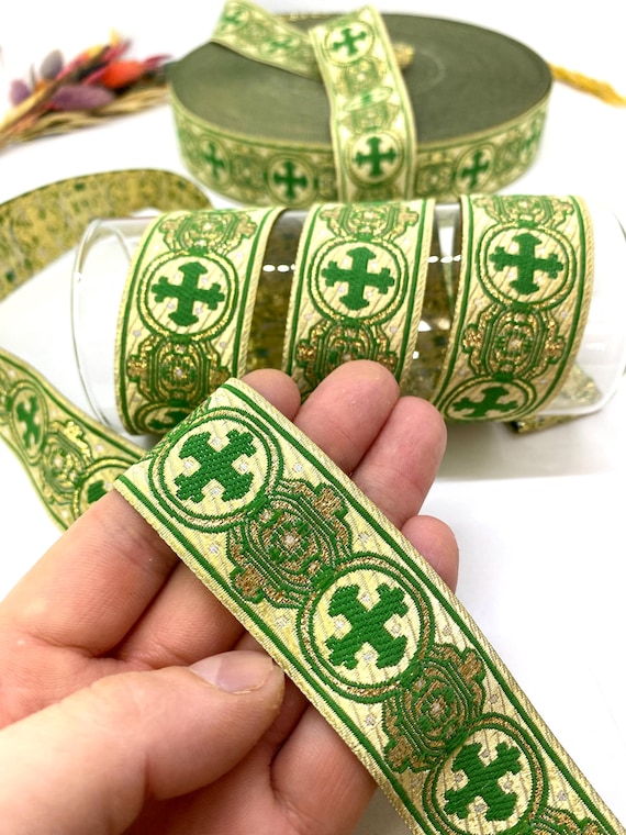 30 Mm Crosses Green Jacquard Ribbon(1.18 Inch)liturgical Trim for