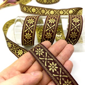 25Yards/22 mm Claret Red/Gold Floral Jacquard Ribbon(0.86 inch)Renaissance trim,Jacquard Trim,Vintage Trim,Dog Collar,Costume Trim