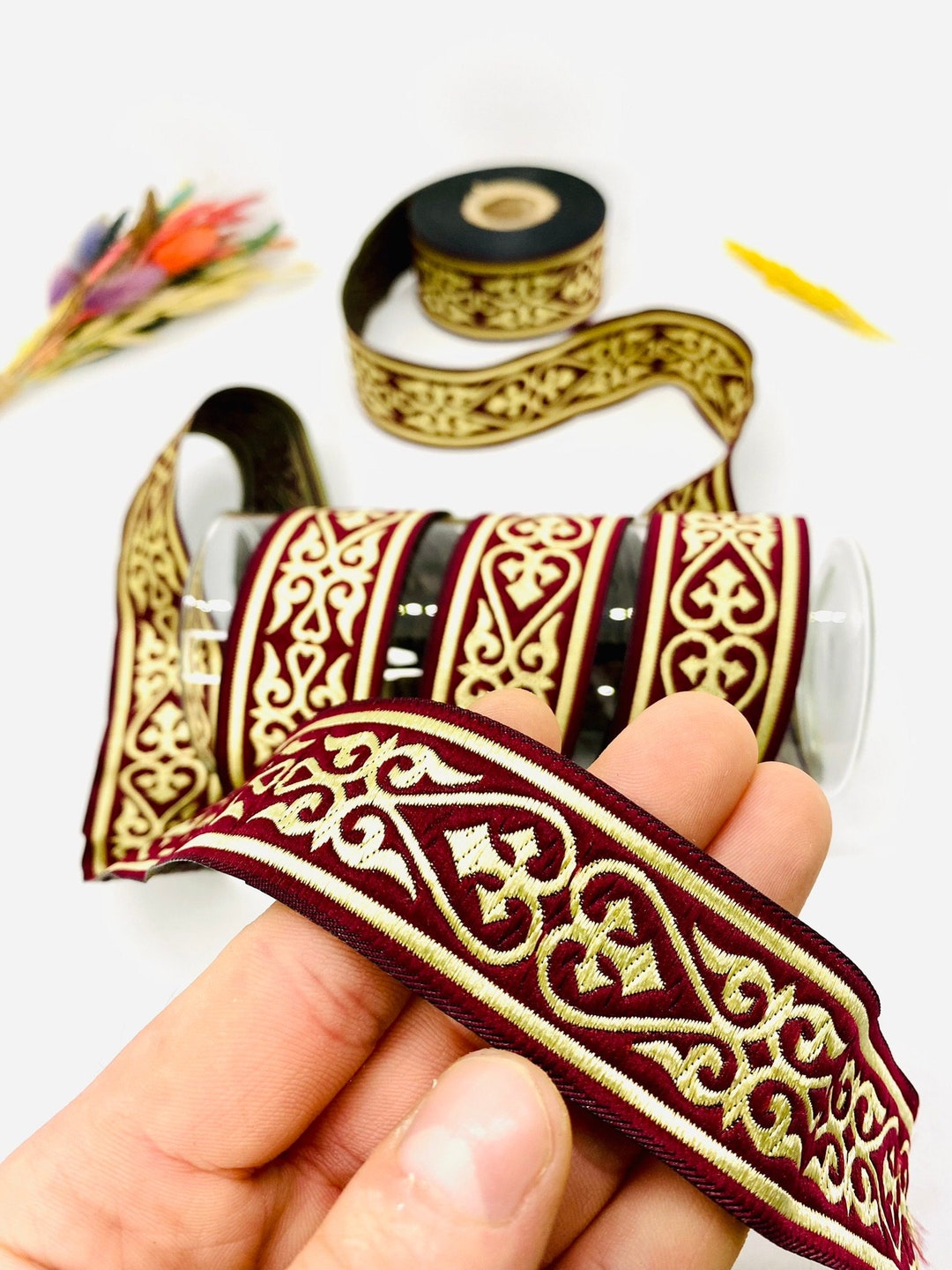 Medieval Ribbon Patterns 10yrd/30mm Claret Red Medieval Jacquard Ribbon(1.18 Inch)jacquard Trim ...