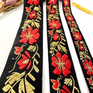 Garniture en ruban jacquard floral 10 mètres/noir/rouge/or - Ruban à coudre brodé métallique pour costumes, robes, travaux manuels, style bohème et médiéval