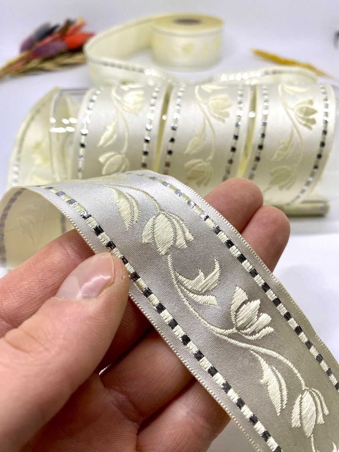 Jj Ribbons Floral Jacquard Ribbon: Ivory Vintage Costume Trim (35mm, 10 MT) - Etsy