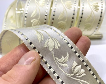 Florales Jacquard-Band: Elfenbein-Vintage-Trachtenborte (35 mm, 10 MT)