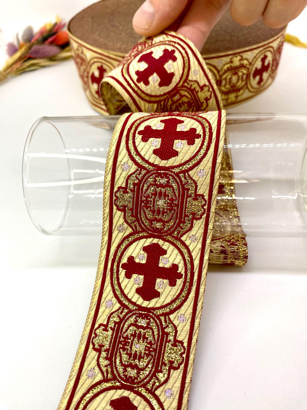 Gold & Claret Red Cross Jacquard Ribbon: Metallic Vintage Sewing