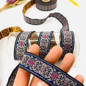 10 yardas/22 mm azul marino y rosa Anatolia Jacquard Trim(0,86 pulgadas)Cinta Jacquard, ribete medieval, ribete celta, cinta vintage, ribete de costura