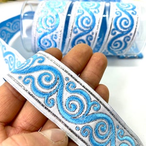 Garniture Jacquard d'escargot celtique blanc/bleu de 10 verges et 30 mm (1,18 pouce) ruban Jacquard, garniture vintage, garniture de costume, garniture de draperie, garniture de couture, collier de chien